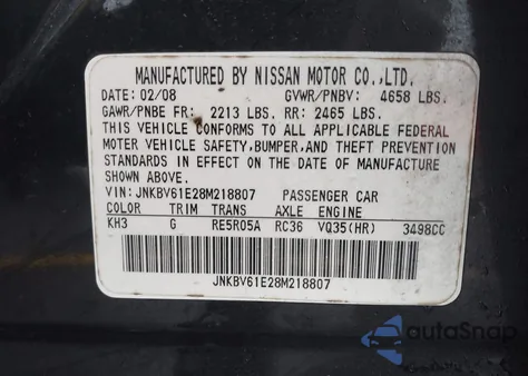 2008 Infiniti G35 Journey from USA, damaged, VIN JNKBV61E28M218807